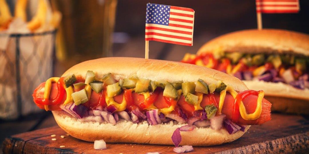 Hot Dog with toppings and American Flag 
