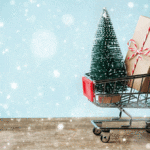 Holiday tree and present in shopping cart